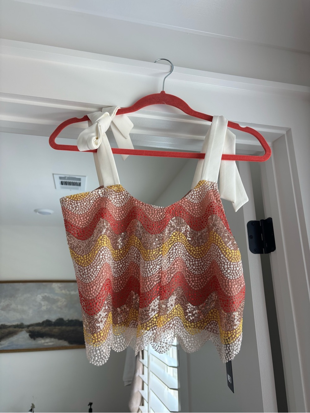 NBD Sequin Wave Crop Camisole in Coral, Mustard & Cream